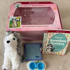 American Girl dog "Pepper" with travel carrier and accessories